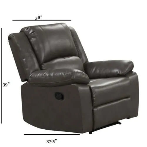 Gray faux leather recliner chair with dimensions on a white background