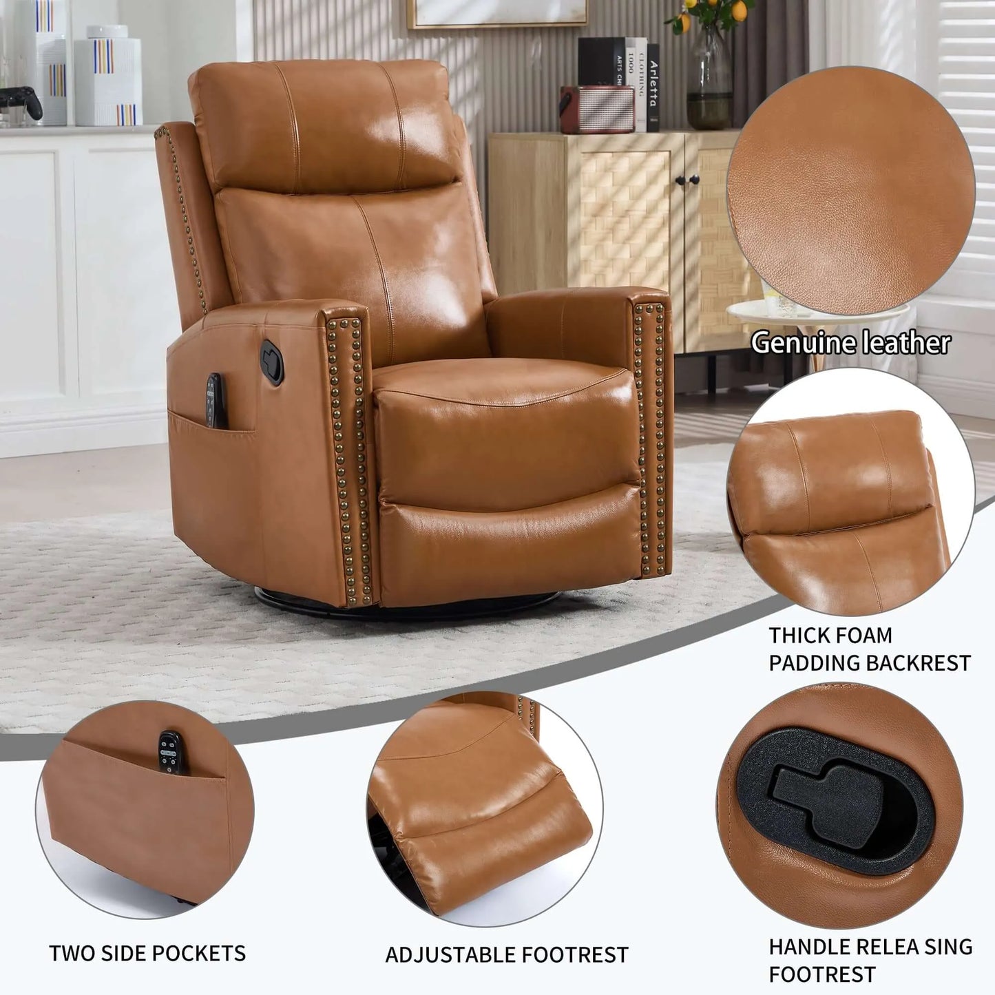 Brown leather recliner chair with features highlighted in a room setting