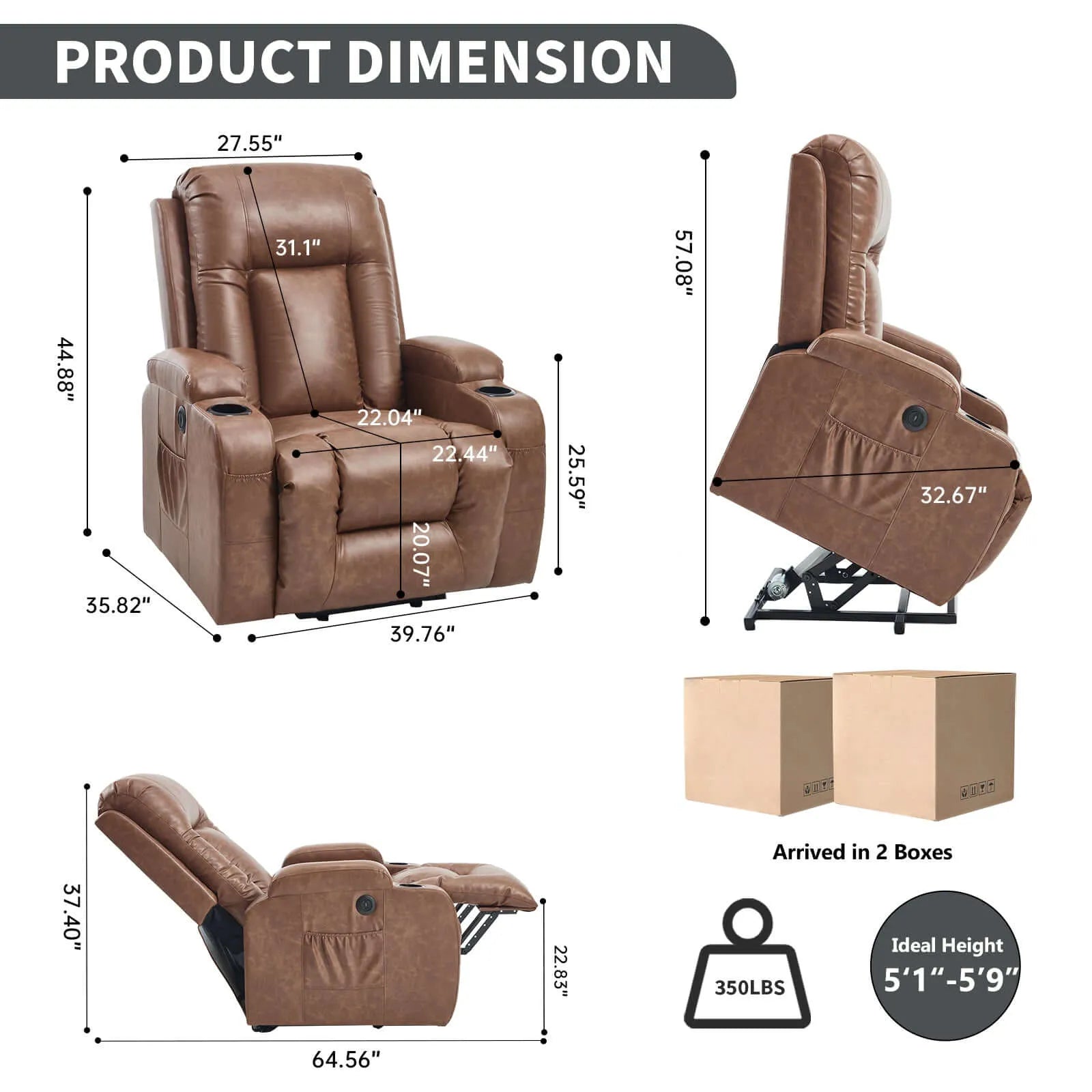 Brown recliner chair with dimensions and product details on a white background