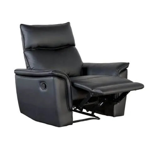 Black leather recliner chair with footrest extended on a white background