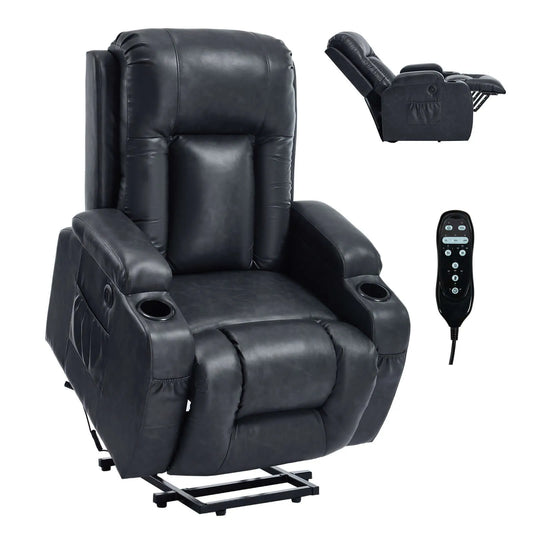Black leather recliner chair with remote control on a white background