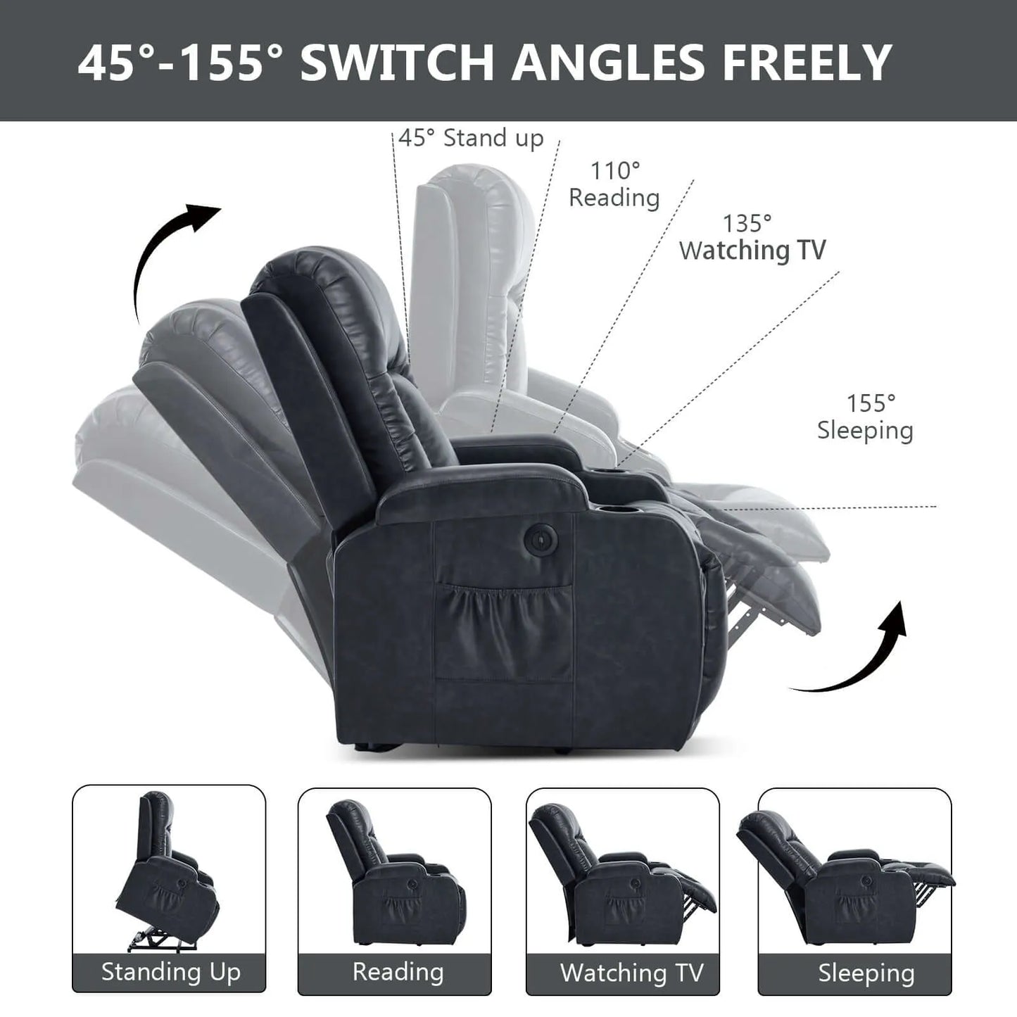 Black recliner chair with adjustable angles shown on a white background