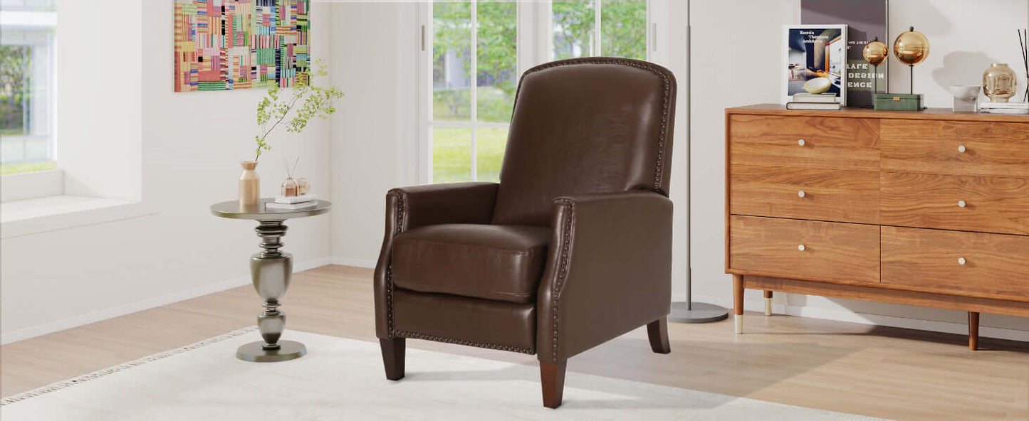 Dark Brown Recliner Chair with Rivets - Right angle view in room