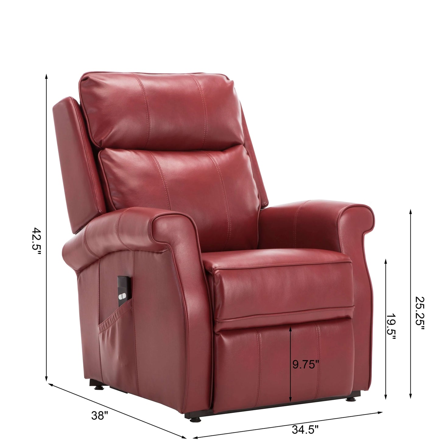 Red leather recliner chair with dimensions on a white background