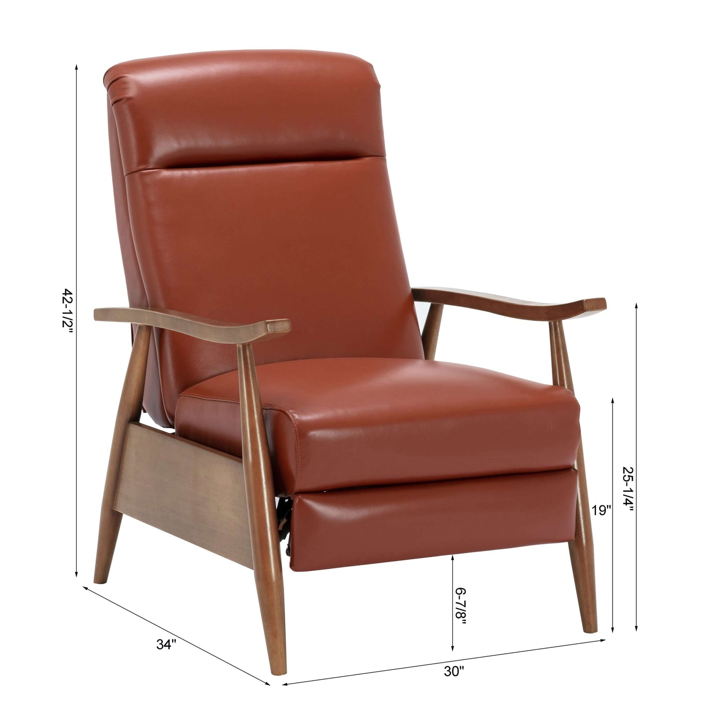 Fairview Leather Wood Arm Push Back Recliner - Caramel
