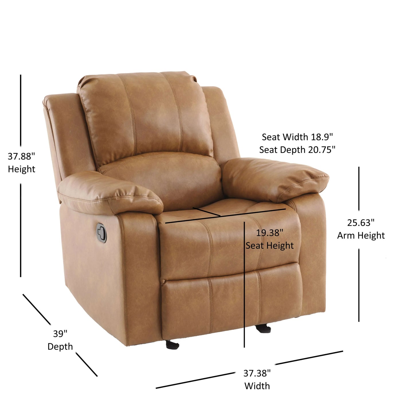 Brown recliner chair with dimensions labeled on a white background