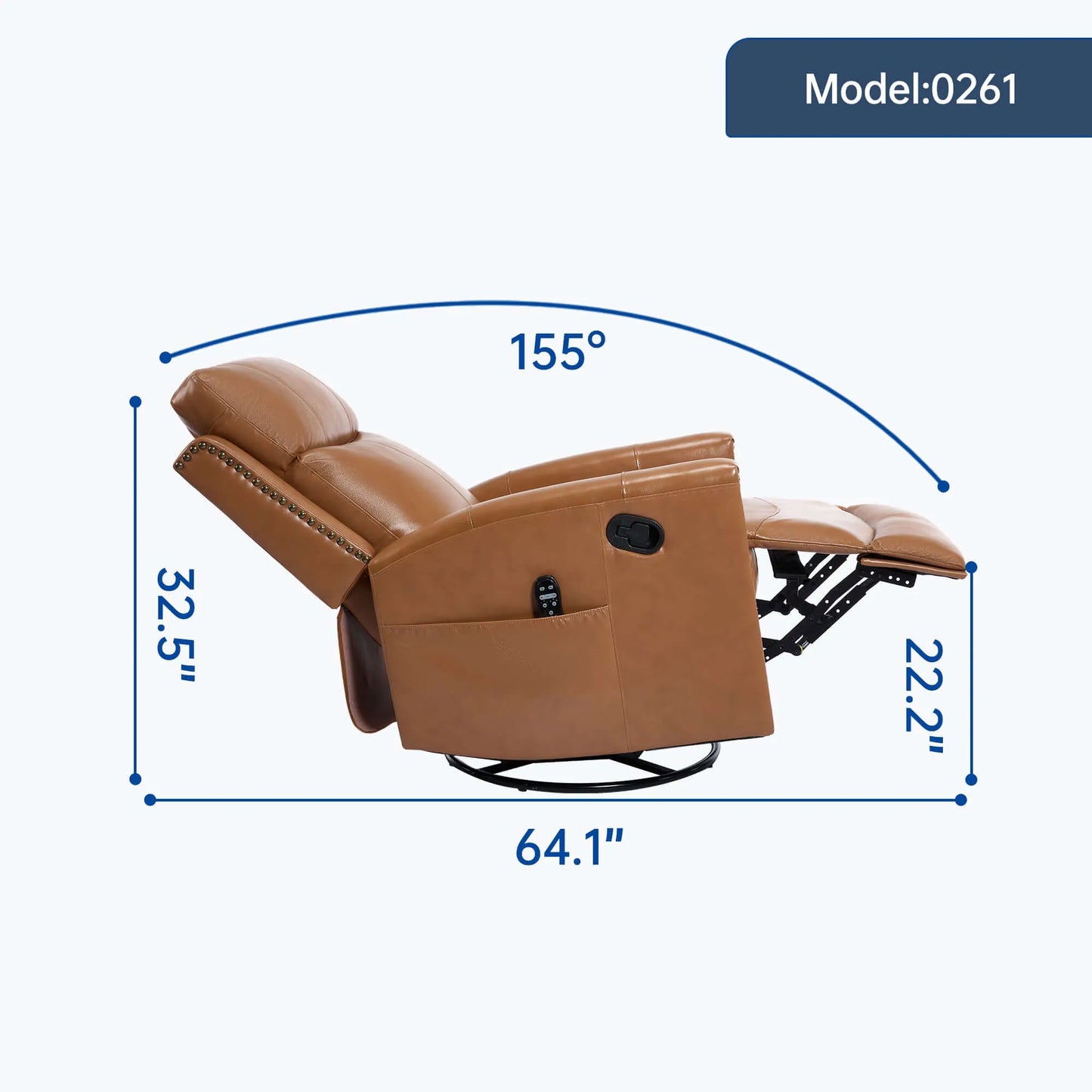 Brown recliner chair with dimensions labeled on a white background