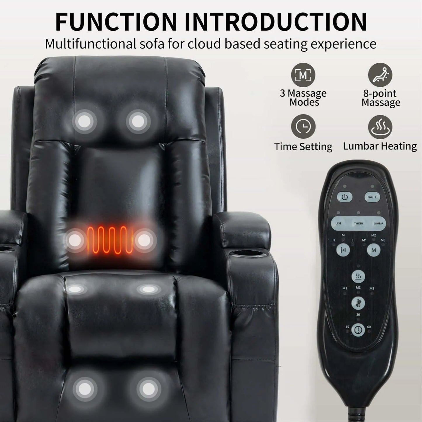 Black leather massage chair with remote control and text on cloud-based seating experience