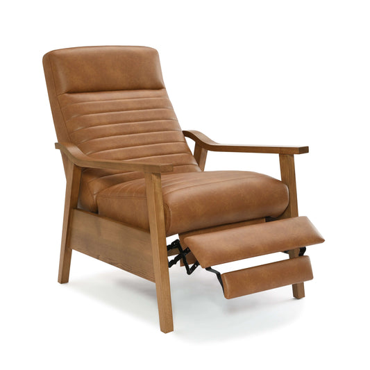 Brown faux leather recliner chair on a white background
