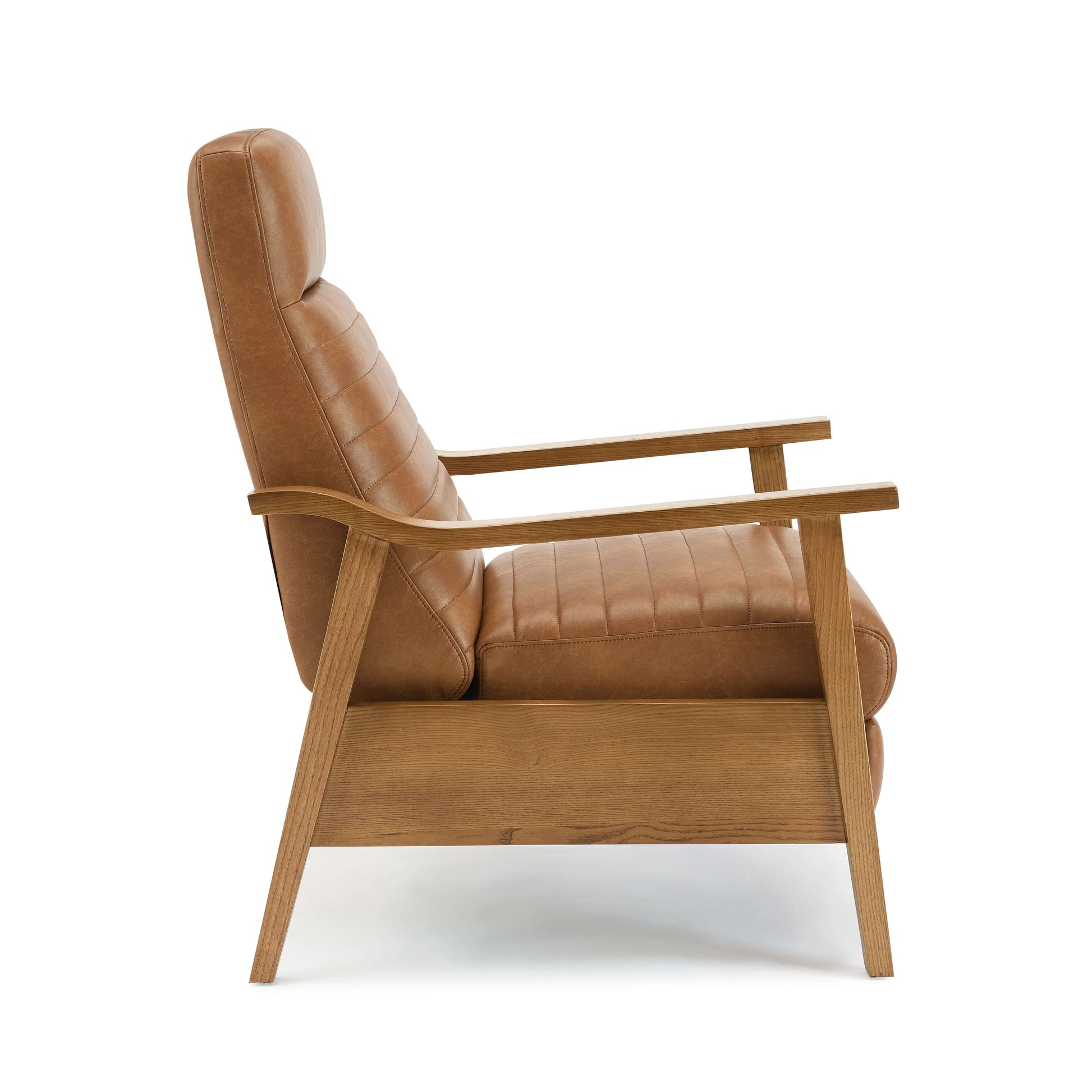 Side view of a brown faux leather recliner chair with wooden frame on a white background