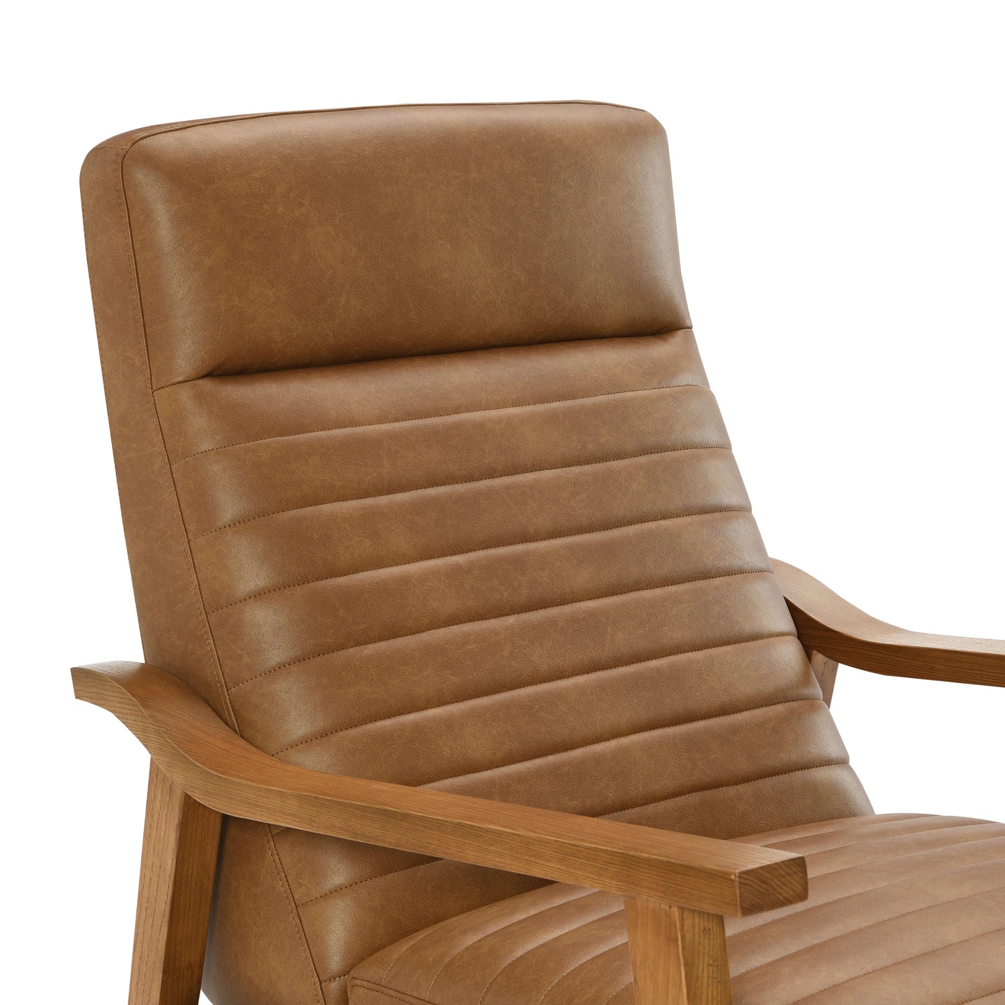 Upper cushion of a brown faux leather recliner chair on a white background