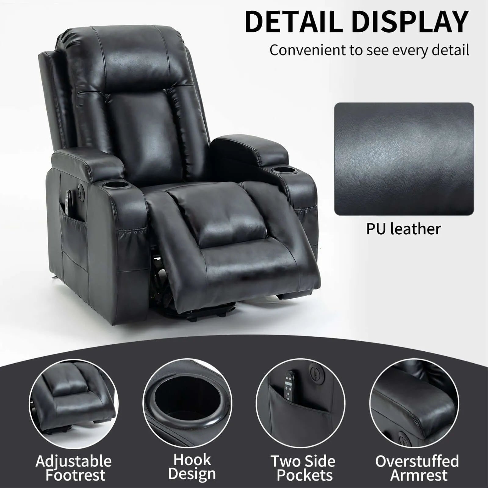 Black leather recliner chair with features highlighted on a gray background