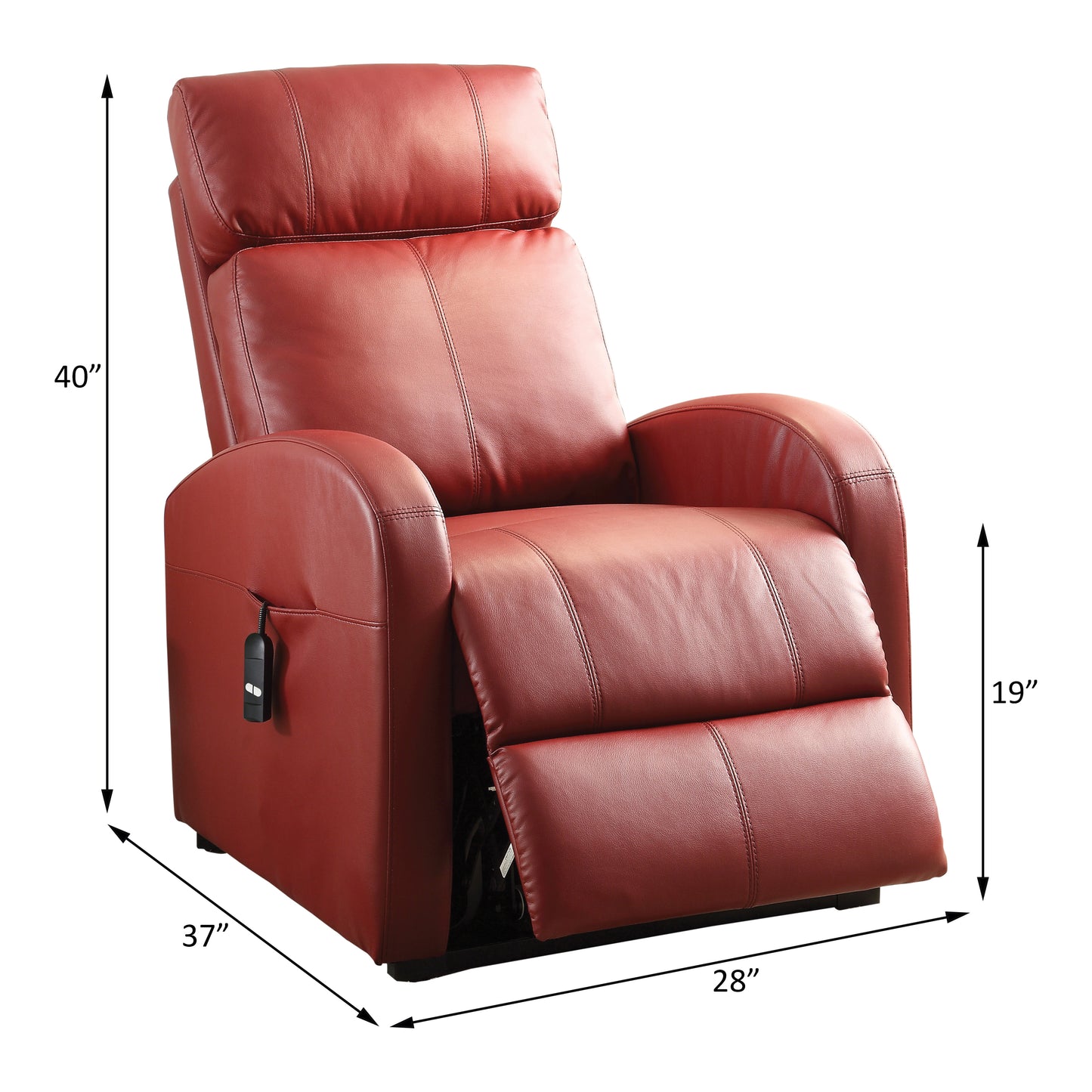 Red leather recliner chair with dimensions on a white background