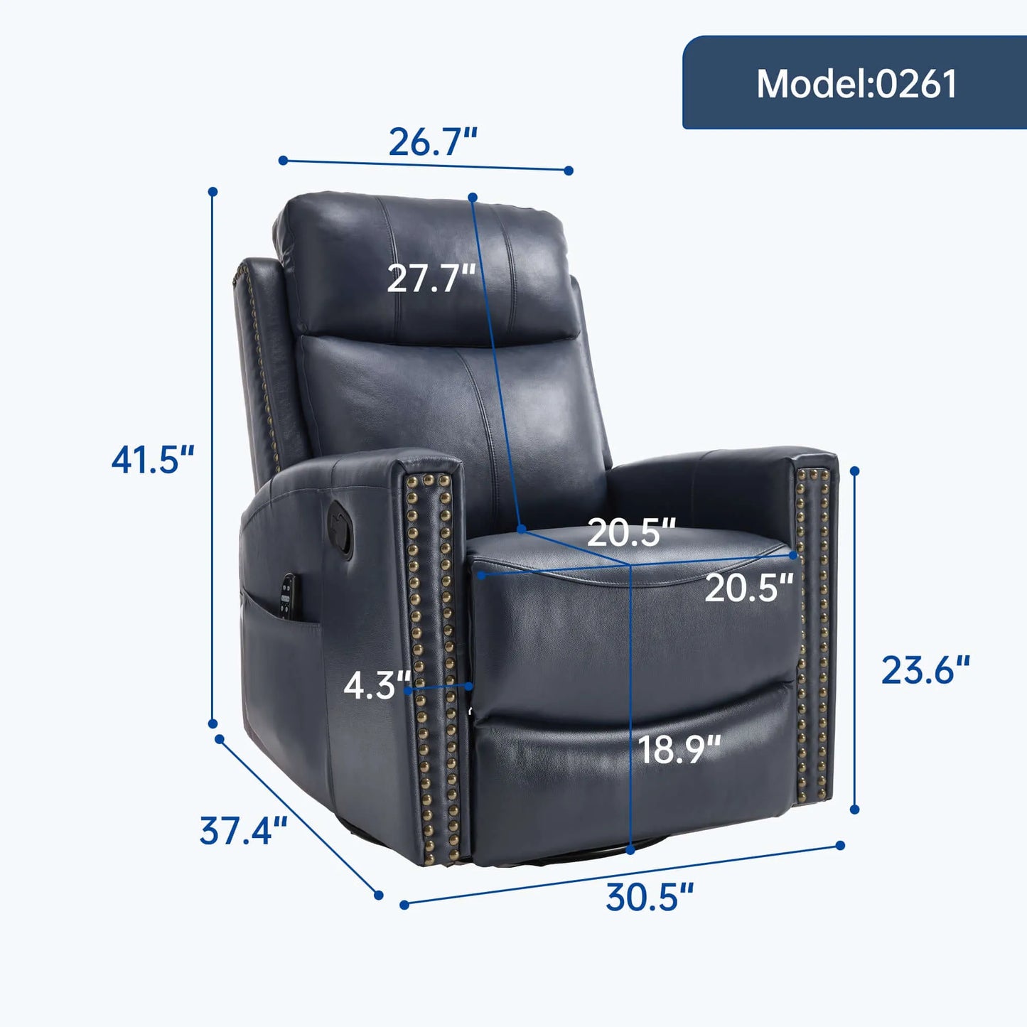 blue leather recliner chair with measurements on a white background