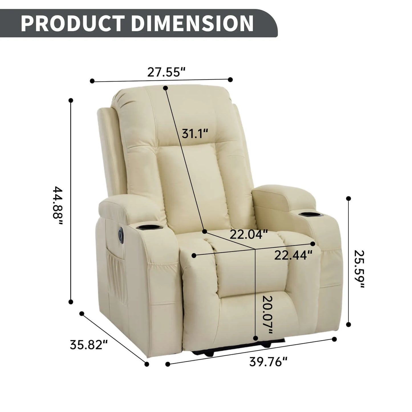 Beige recliner chair with dimensions labeled on a white background