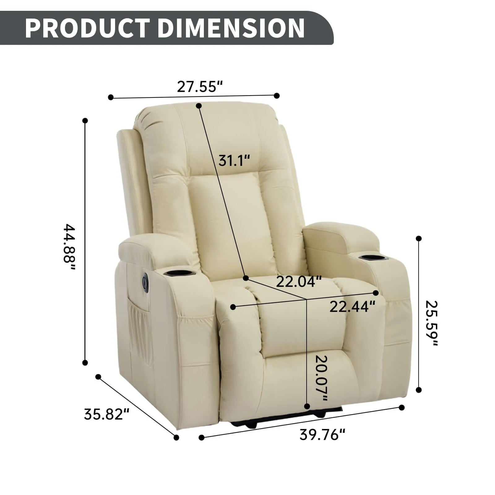 Beige recliner chair with dimensions labeled on a white background