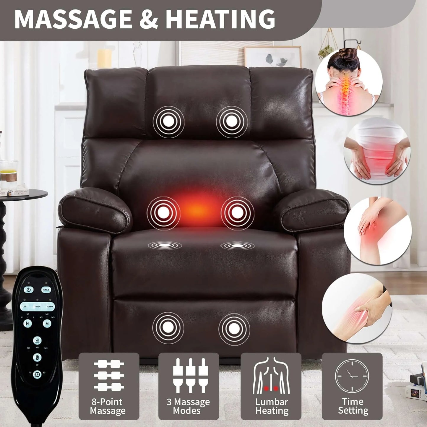 Brown massage and heating recliner chair with remote control and feature icons.