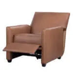 Brown leather recliner chair with footrest extended on a white background