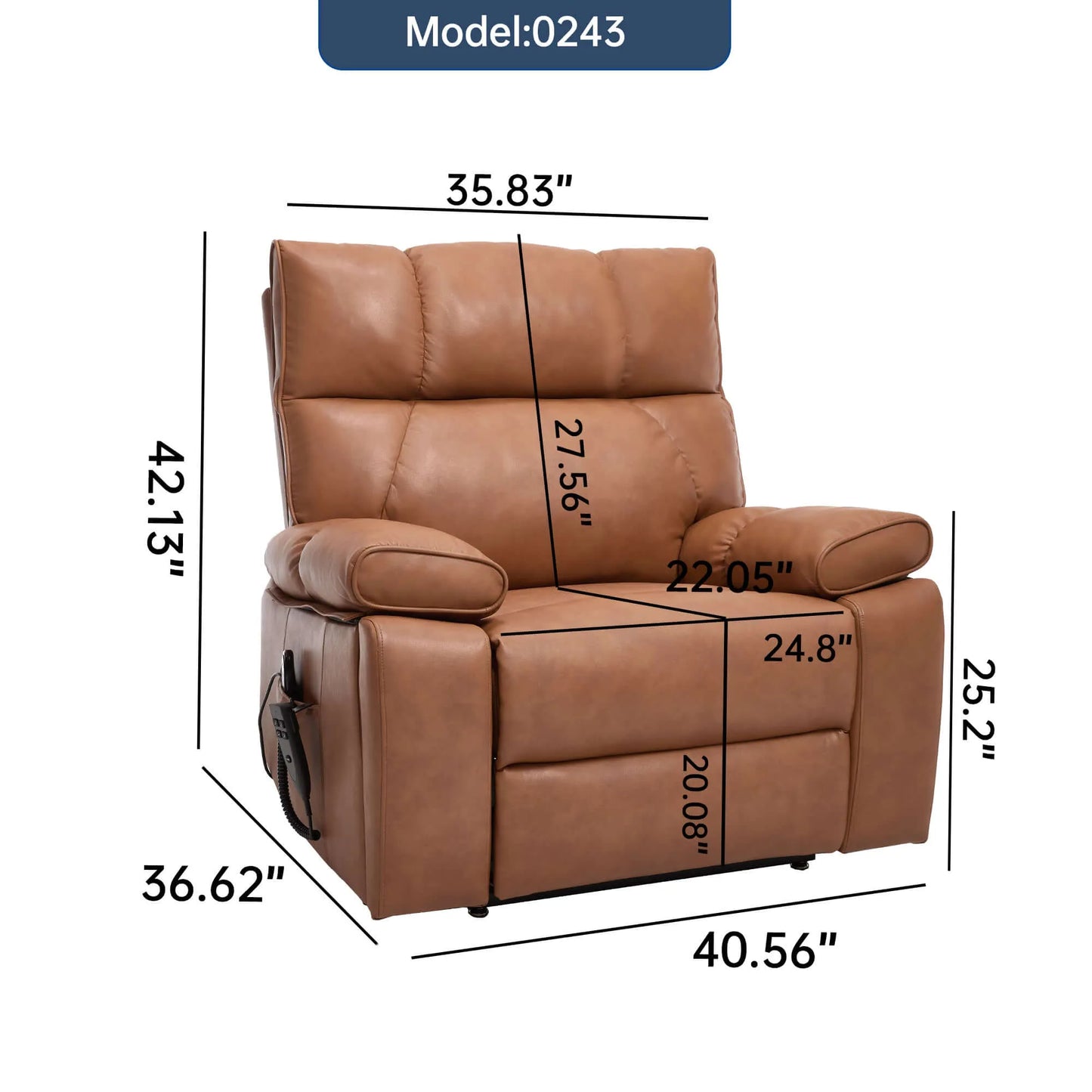 Brown recliner chair with dimensions labeled on a white background