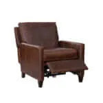 Brown leather recliner chair with footrest extended on a white background