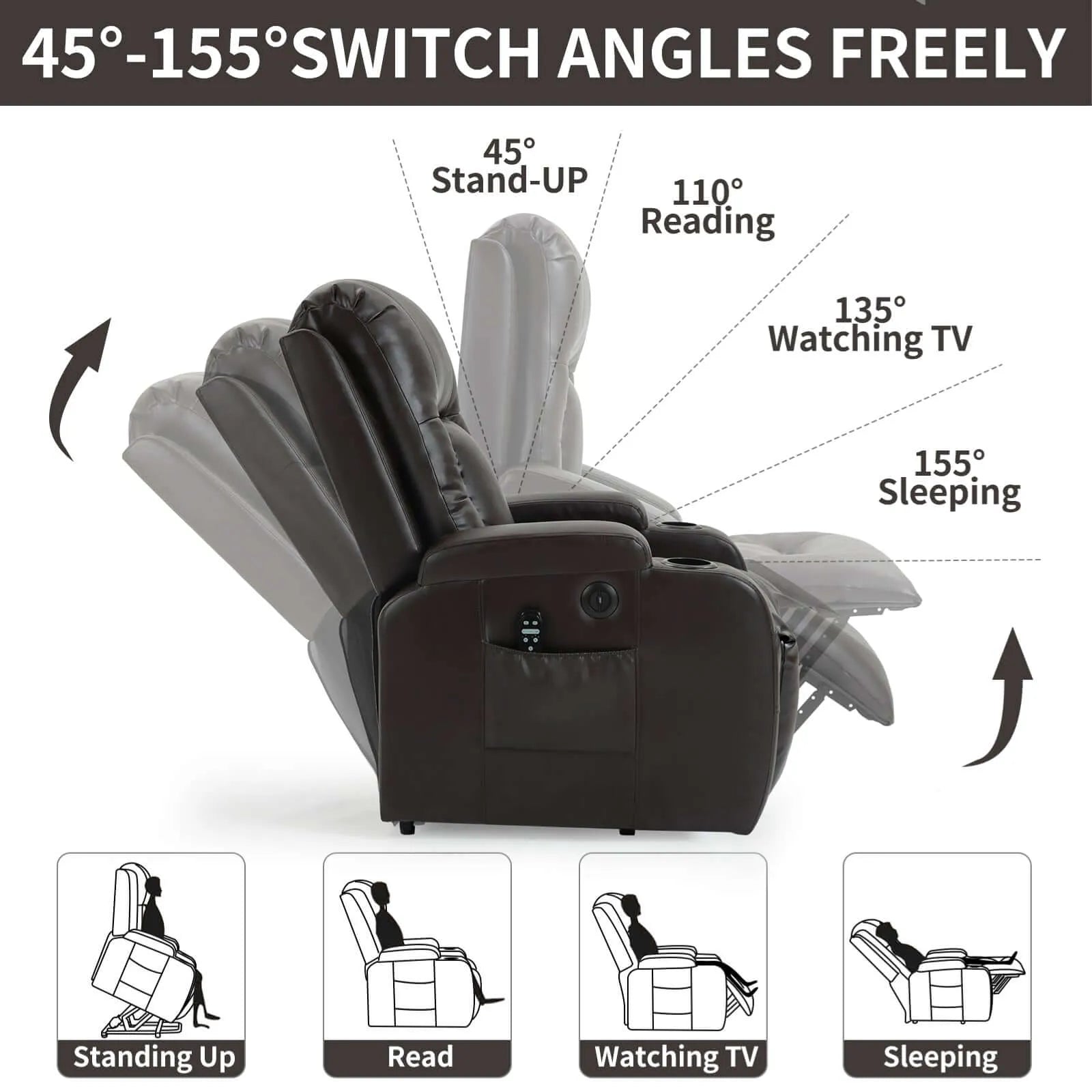 Brown leather recliner chair with adjustable angles and usage illustrations on a white background