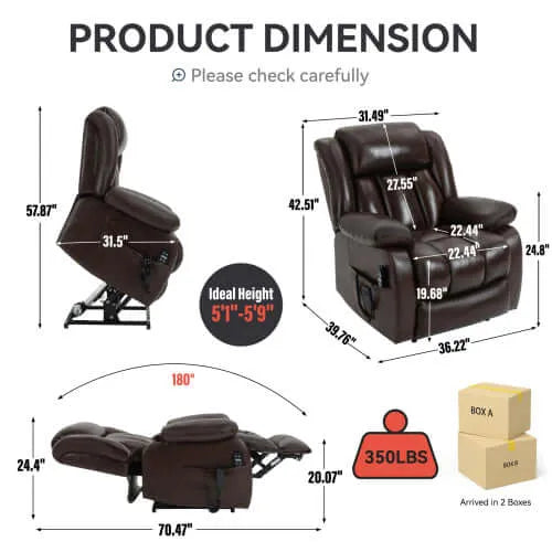 Dimensions of a recliner chair with measurements and weight capacity displayed.