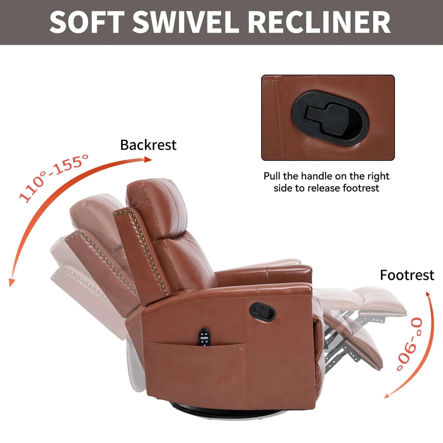 Brown soft swivel recliner chair with labeled features on a white background