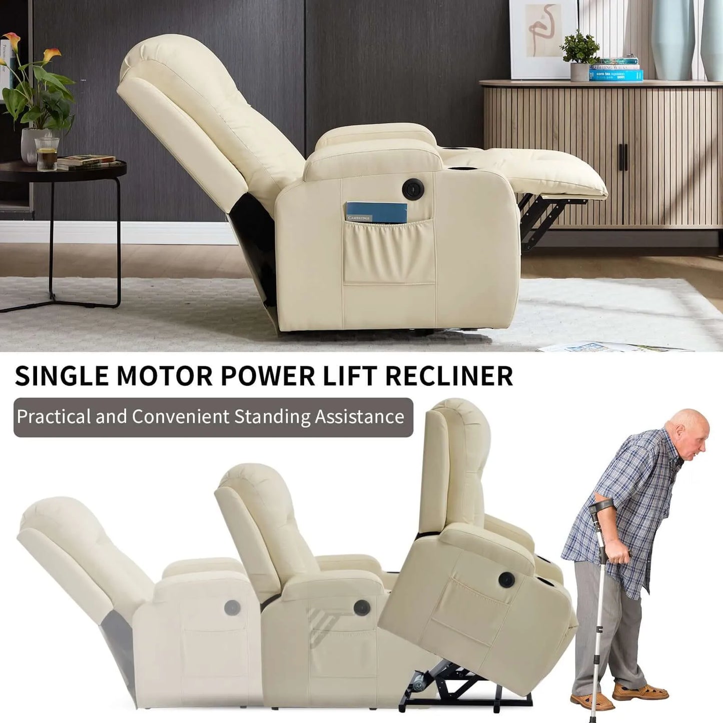 Beige power lift recliner chair with text highlighting features, in a home setting.
