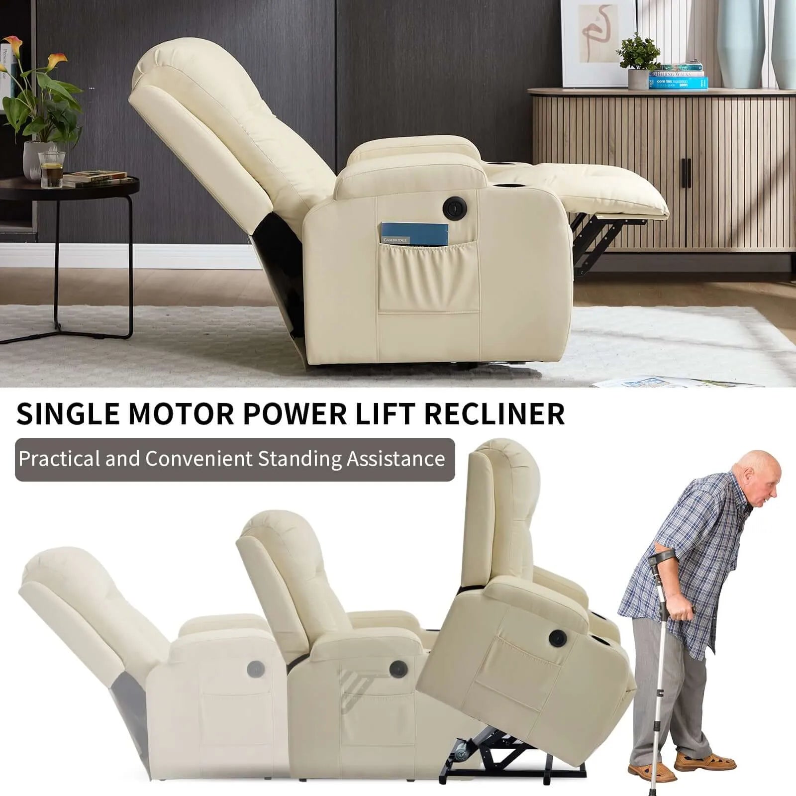 Beige power lift recliner chair with text highlighting features, in a home setting.