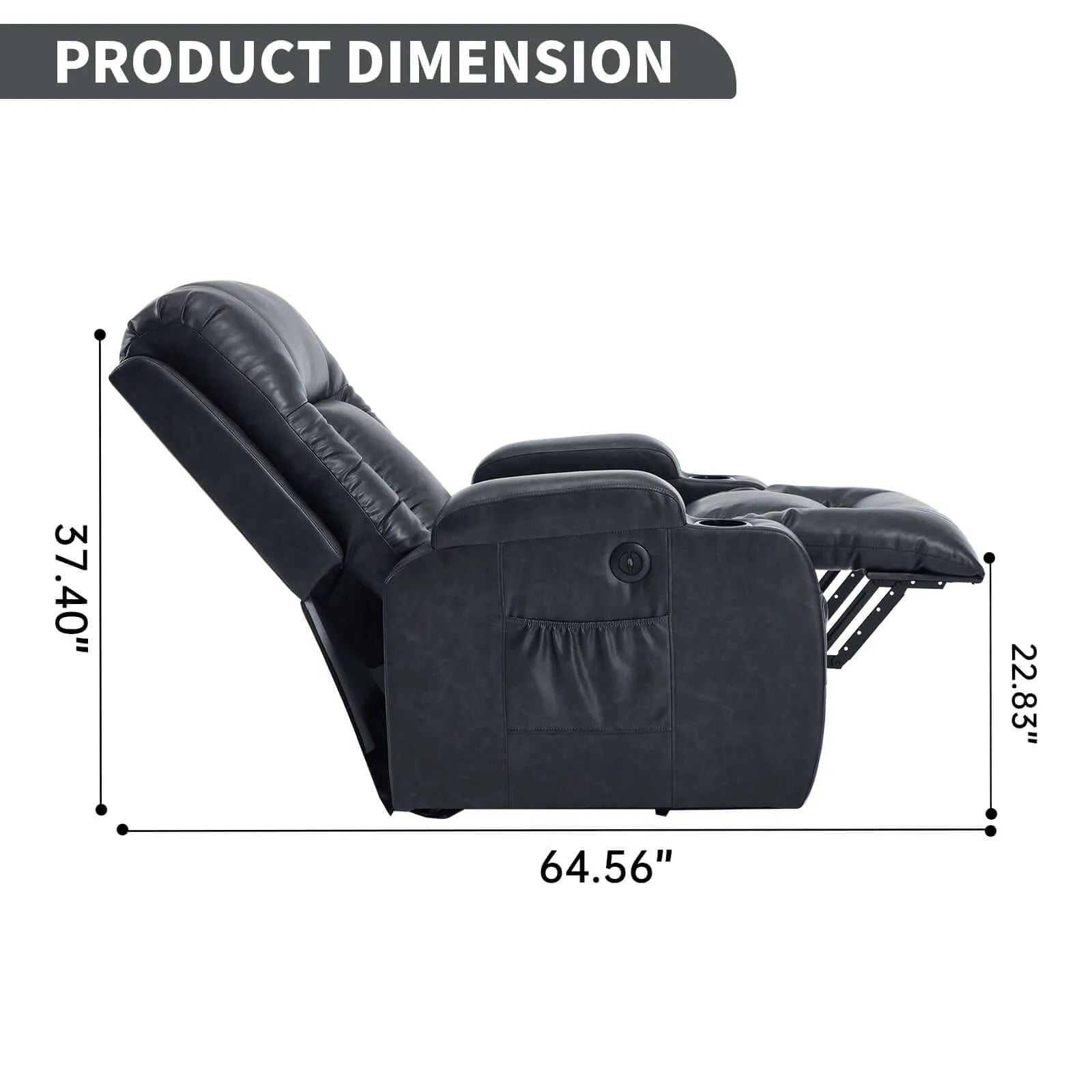 Black recliner chair with dimensions labeled on a white background