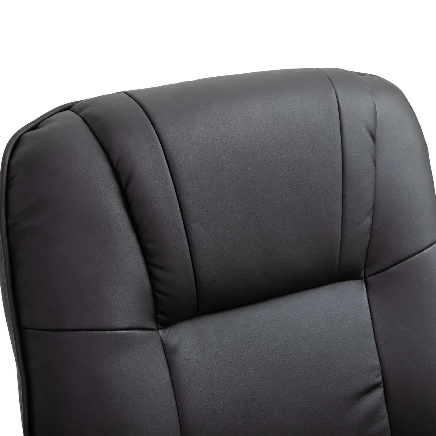 Close-up of a black leather chair cushion with a white background
