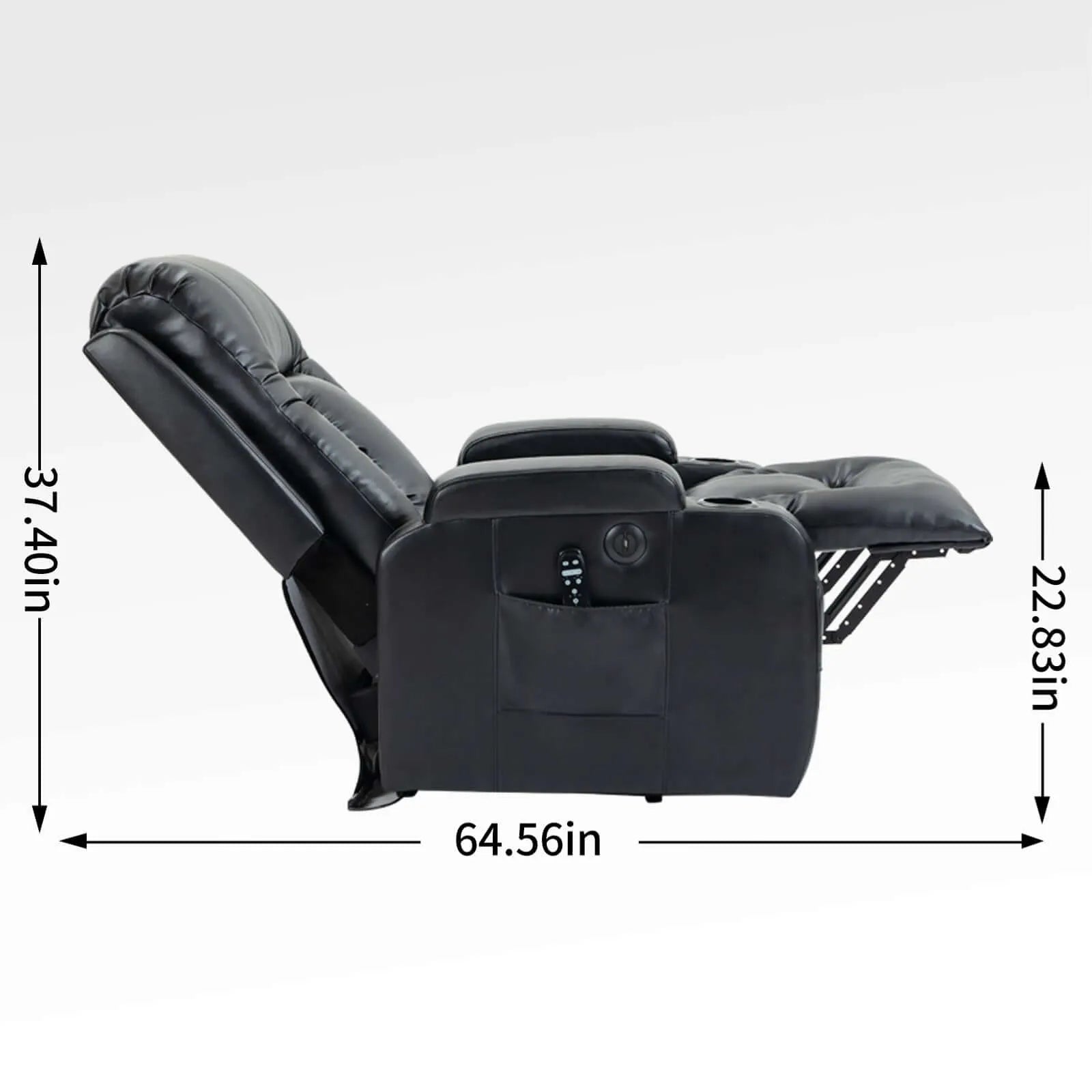 Black leather recliner chair with dimensions indicated on a white background