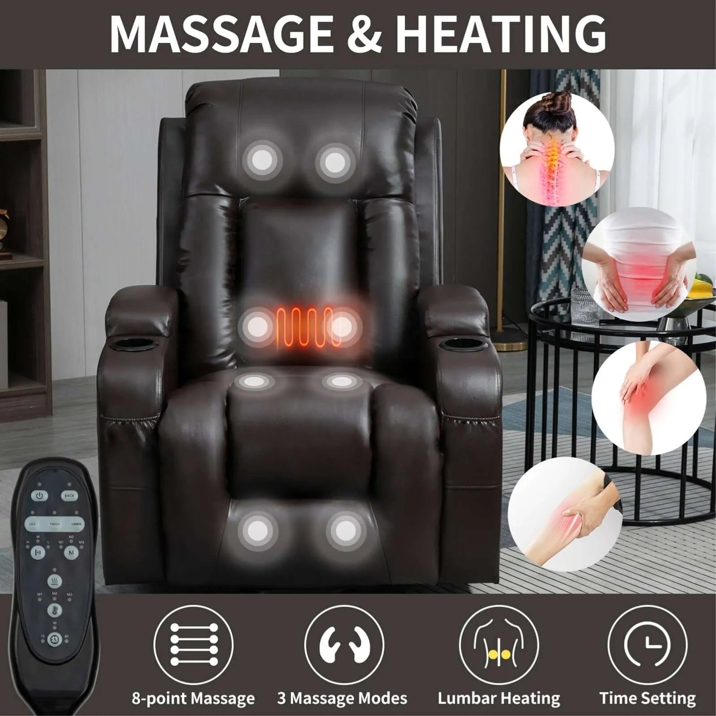 Massage and heating recliner chair with remote control, shown in a living room setting.