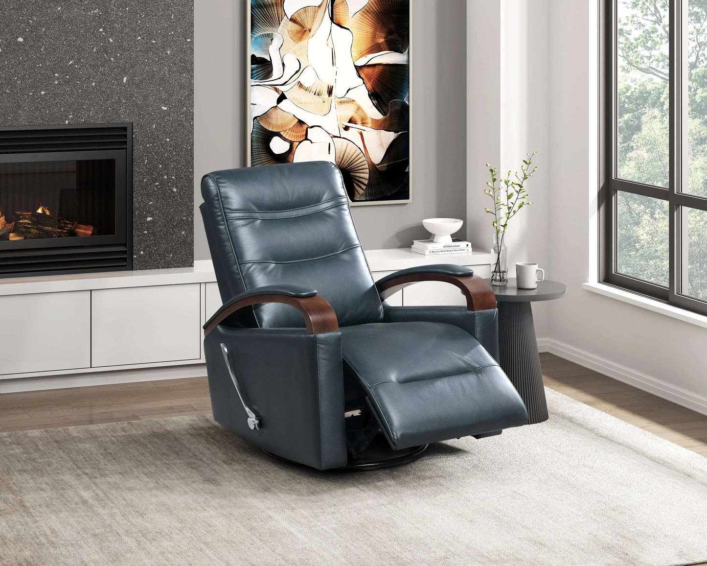Luxurious navy blue faux leather swivel glider recliner chair with woodent arms in a living room setting with a fireplace and artwork.