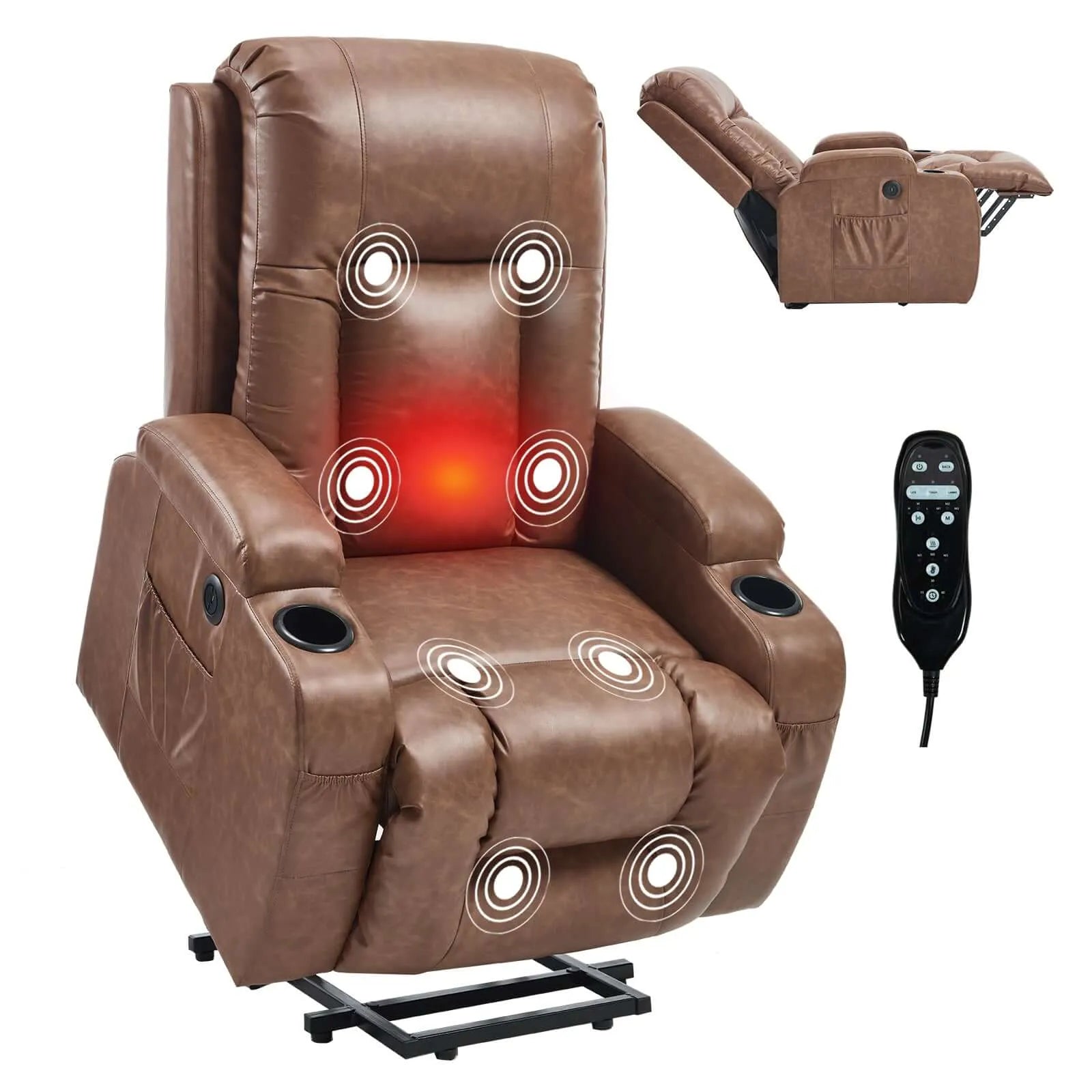Brown massage recliner chair with massage points and remote control on a white background