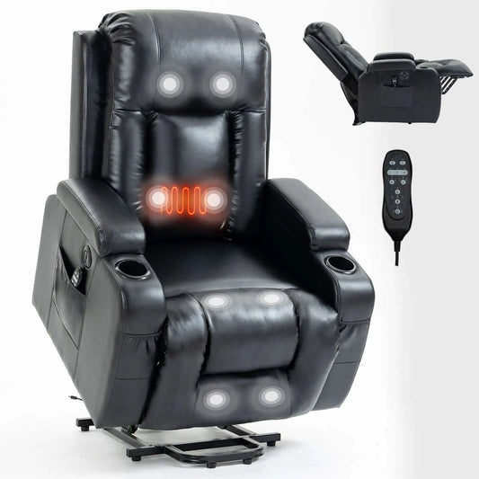 Black leather massage chair with massage points and remote control on a white background