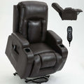 Brown leather recliner chair with remote control on a white background