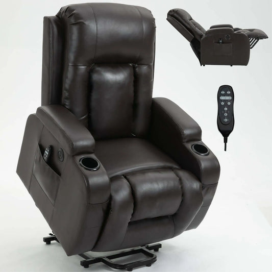 Brown leather recliner chair with remote control on a white background