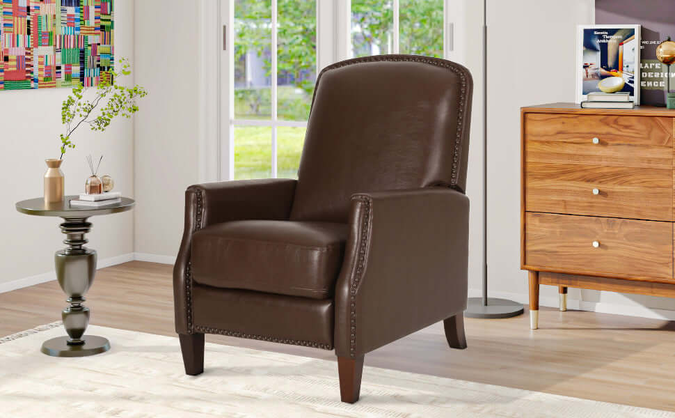 Dark Brown Recliner Chair with Rivets - Right angle view in room