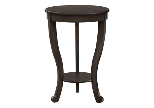 Round wooden side table with a walnut finish on a white background