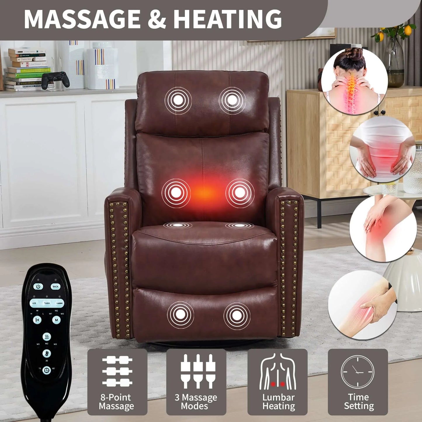 Brown massage and heating recliner chair with remote control in a living room setting.