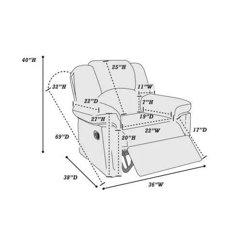 Measurement diagram of a recliner chair with dimensions labeled.