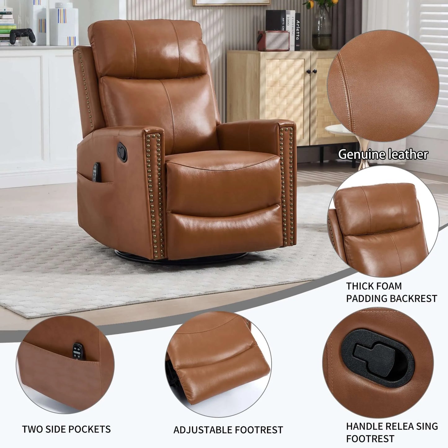 Brown leather recliner chair with features highlighted in a living room setting