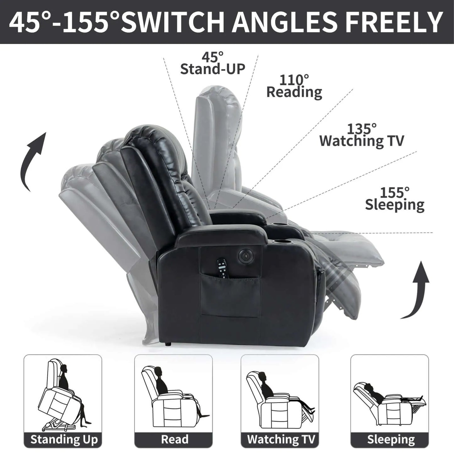 Recliner chair with adjustable angles and usage illustrations on a white background