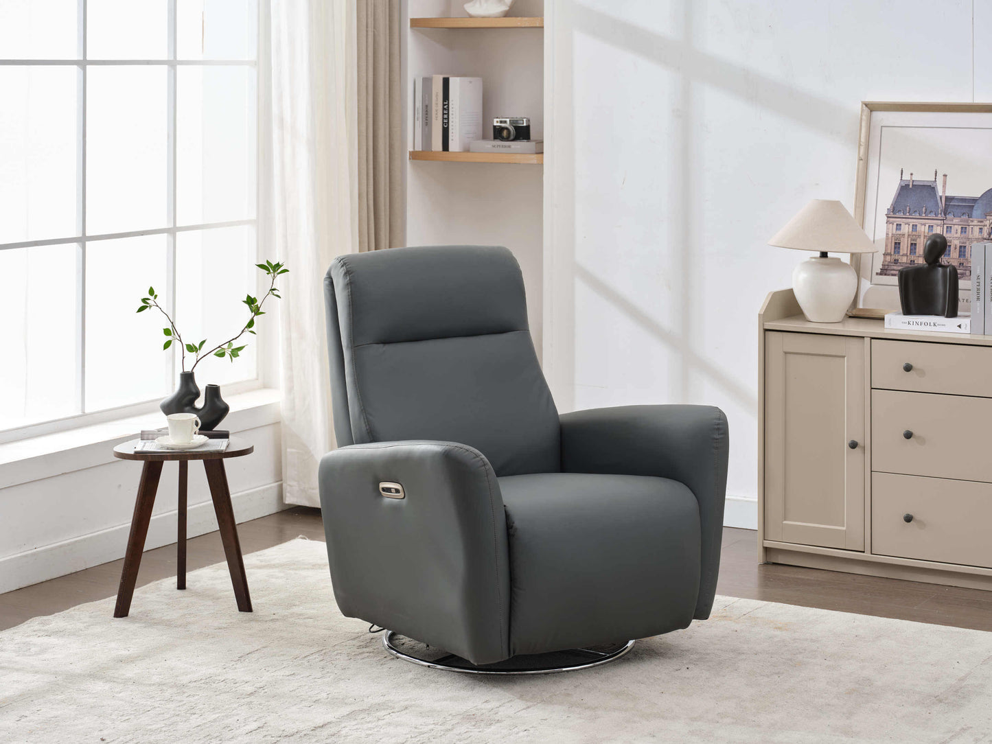 Power Swivel Glider Recliner-Dark Gray - Side view in room
