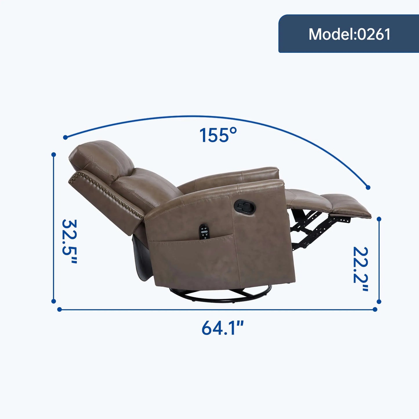 Brown recliner chair with dimensions labeled on a white background