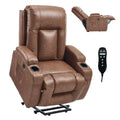 Brown leather recliner chair with remote control on a white background