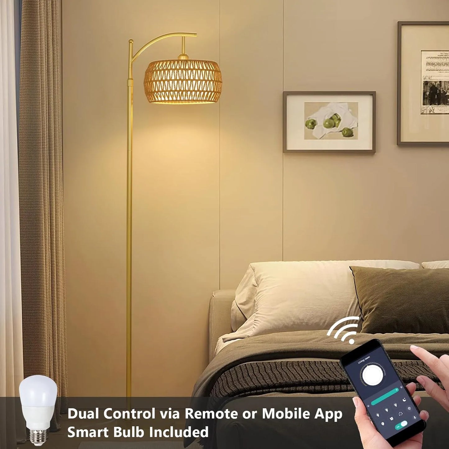 Smart bulb control on a smartphone with a living room setting, including a floor lamp and sofa.