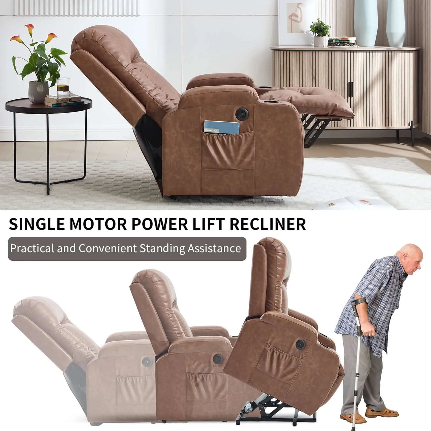 Brown power lift recliner chair with text about single motor power lift recliner and standing assistance.