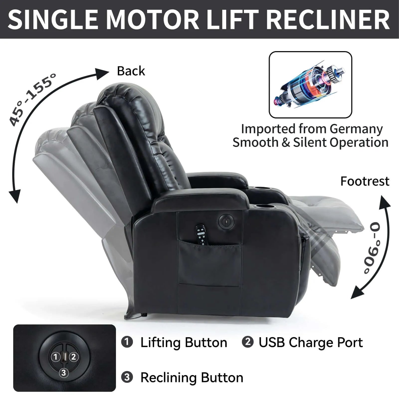 Black single motor lift recliner with features highlighted on a white background